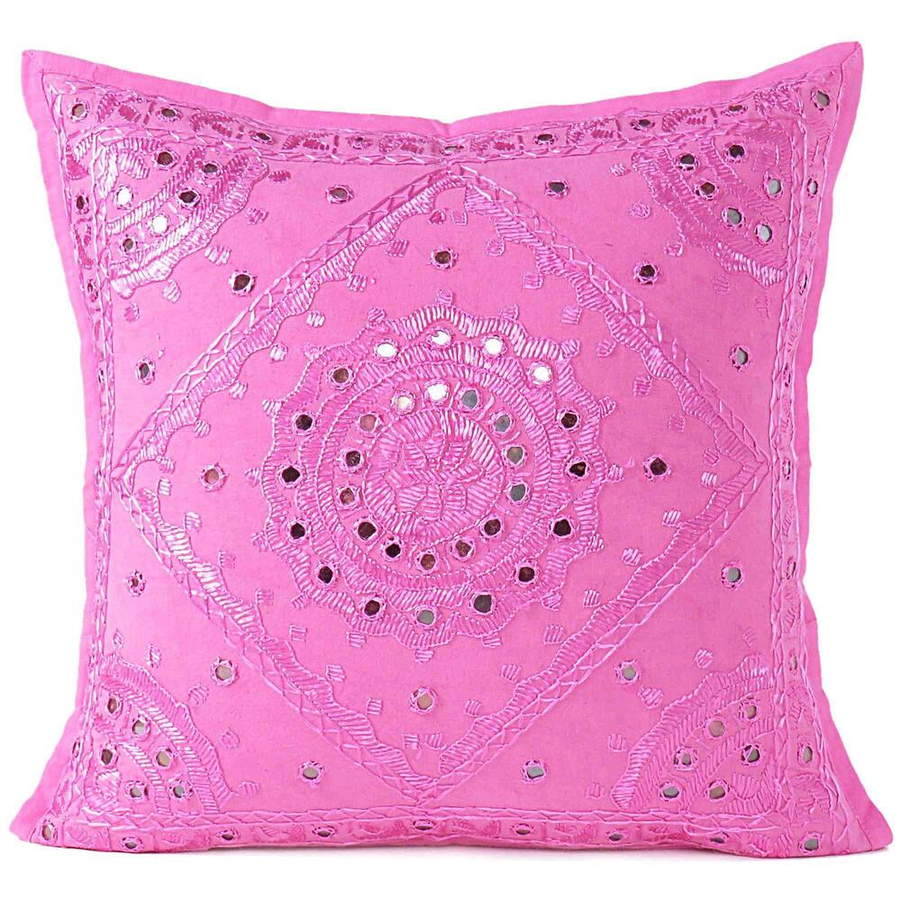 6346 Embroidered Decorative Boho Throw Pillow Cover with Mirrors, Handmade
